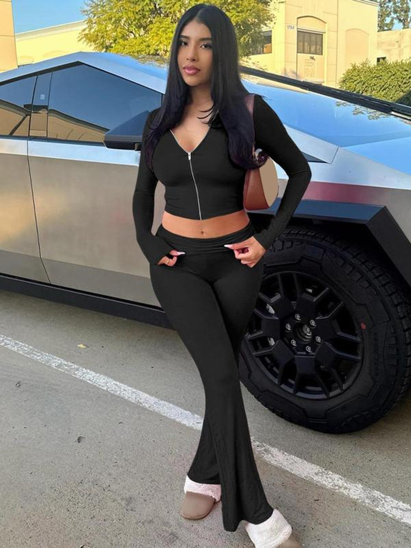 Women'S Solid Zip up Hooded Crop Tight Longsleeves Hoodie & High Waist Flare Leg Pants Set, Casual Long Sleeve Zippered Top & Bell Bottom Trousers, Ladies Spring & Fall Clothes, Fashion Womenswear
