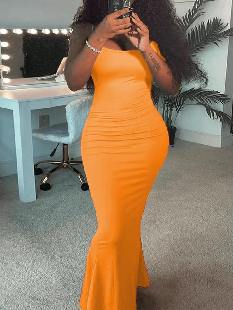 Women'S Mermaid Hem Maxi Cami Dress, Solid Sleeveless Spaghetti Strap Long Bodycon Dress for Summer Party Holiday, Ladies Clothes