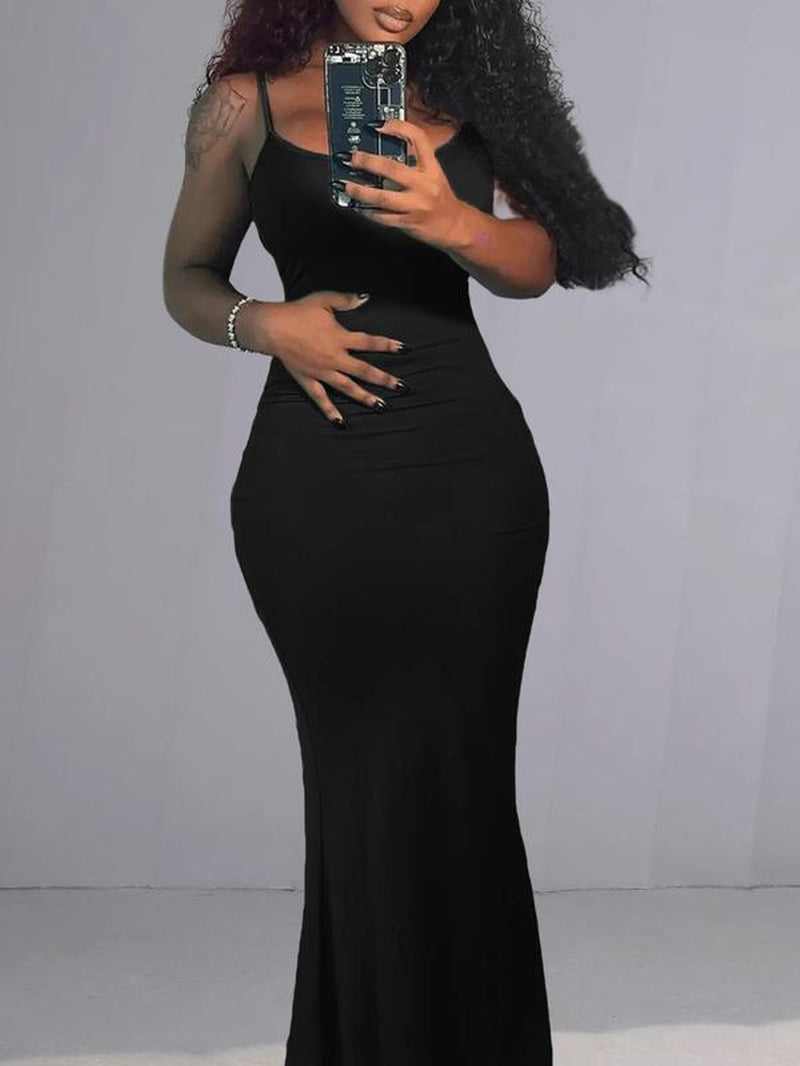 Women'S Mermaid Hem Maxi Cami Dress, Solid Sleeveless Spaghetti Strap Long Bodycon Dress for Summer Party Holiday, Ladies Clothes