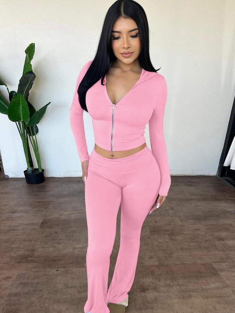Women'S Solid Zip up Hooded Crop Tight Longsleeves Hoodie & High Waist Flare Leg Pants Set, Casual Long Sleeve Zippered Top & Bell Bottom Trousers, Ladies Spring & Fall Clothes, Fashion Womenswear