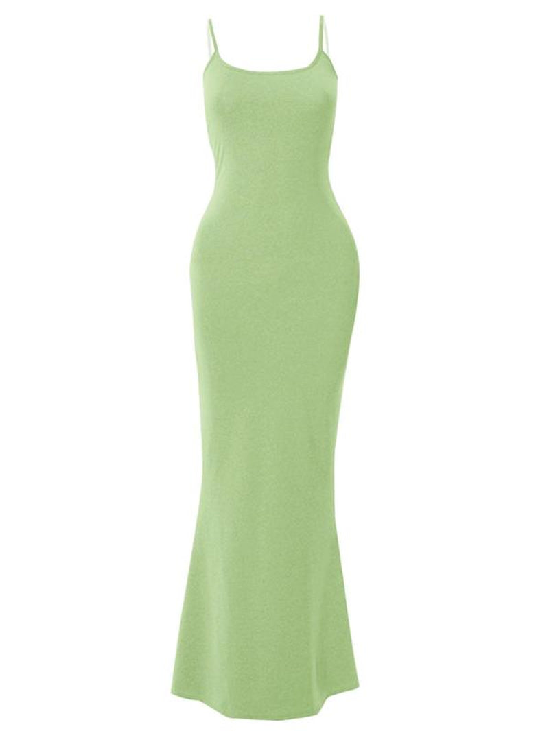 Women'S Mermaid Hem Maxi Cami Dress, Solid Sleeveless Spaghetti Strap Long Bodycon Dress for Summer Party Holiday, Ladies Clothes