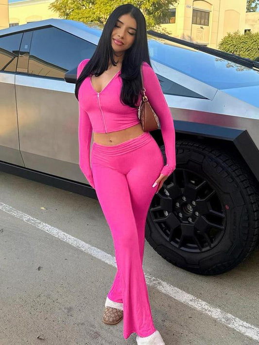 Women'S Solid Zip up Hooded Crop Tight Longsleeves Hoodie & High Waist Flare Leg Pants Set, Casual Long Sleeve Zippered Top & Bell Bottom Trousers, Ladies Spring & Fall Clothes, Fashion Womenswear