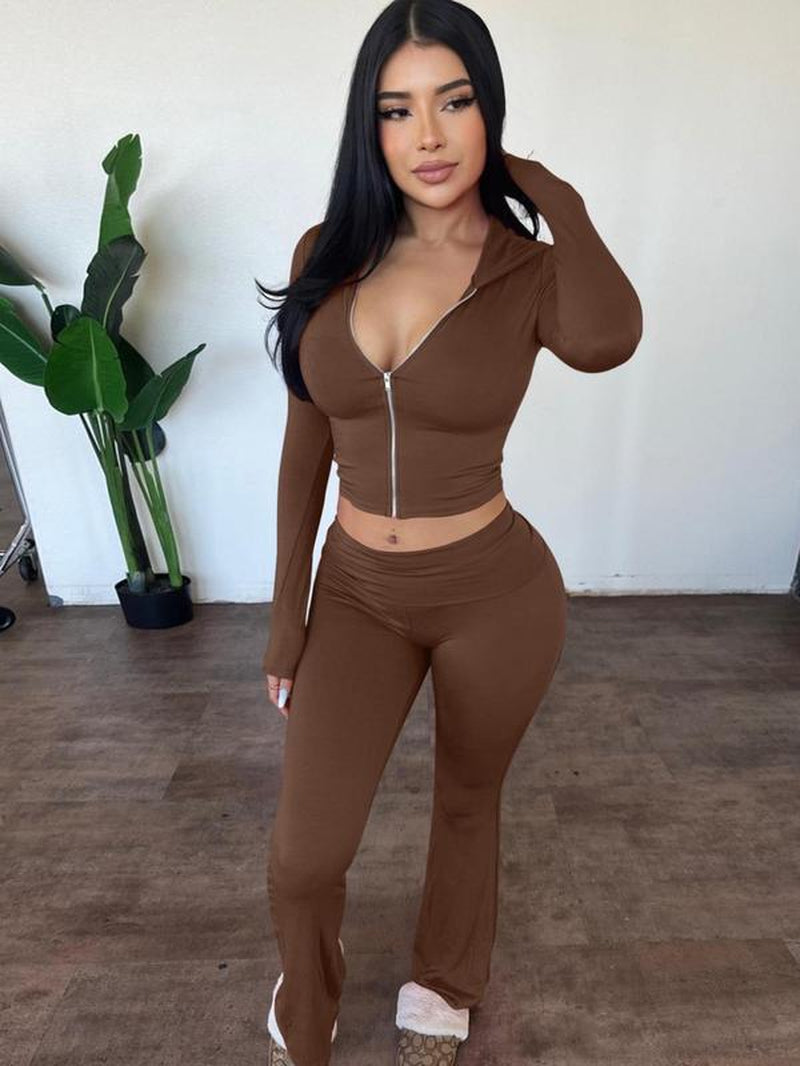 Women'S Solid Zip up Hooded Crop Tight Longsleeves Hoodie & High Waist Flare Leg Pants Set, Casual Long Sleeve Zippered Top & Bell Bottom Trousers, Ladies Spring & Fall Clothes, Fashion Womenswear