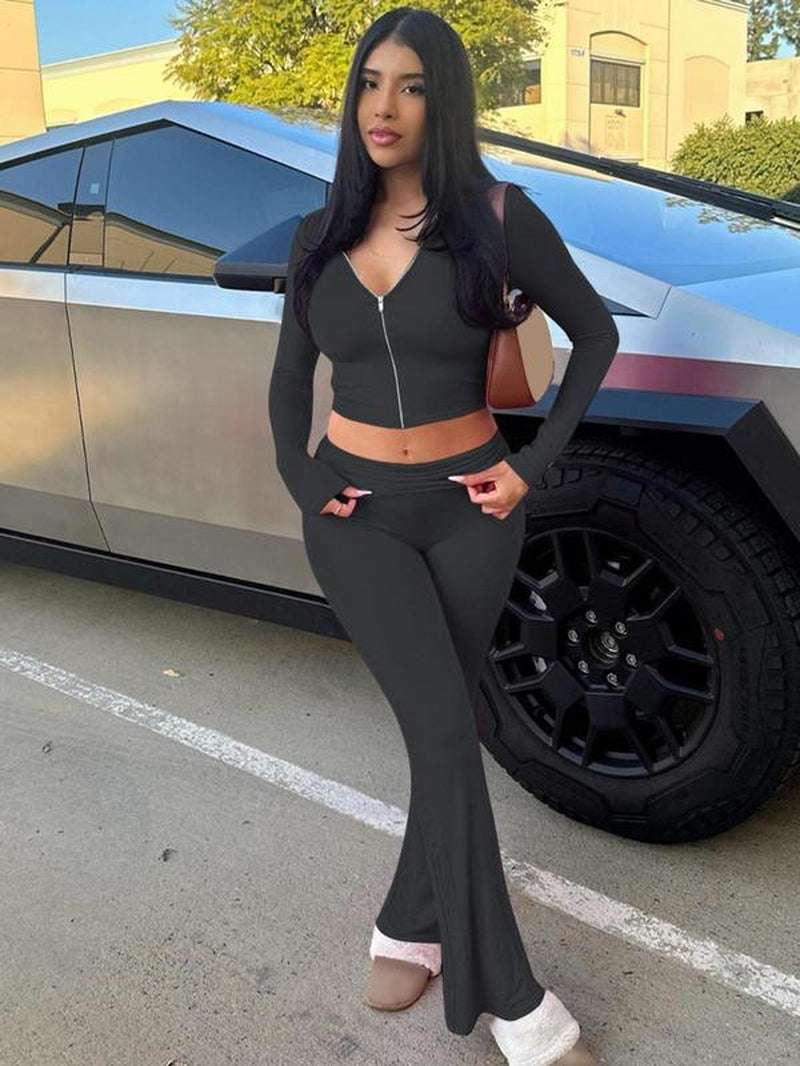 Women'S Solid Zip up Hooded Crop Tight Longsleeves Hoodie & High Waist Flare Leg Pants Set, Casual Long Sleeve Zippered Top & Bell Bottom Trousers, Ladies Spring & Fall Clothes, Fashion Womenswear
