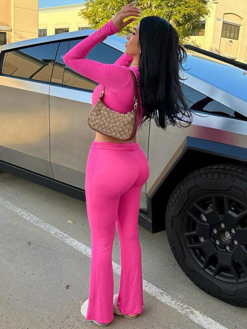 Women'S Solid Zip up Hooded Crop Tight Longsleeves Hoodie & High Waist Flare Leg Pants Set, Casual Long Sleeve Zippered Top & Bell Bottom Trousers, Ladies Spring & Fall Clothes, Fashion Womenswear