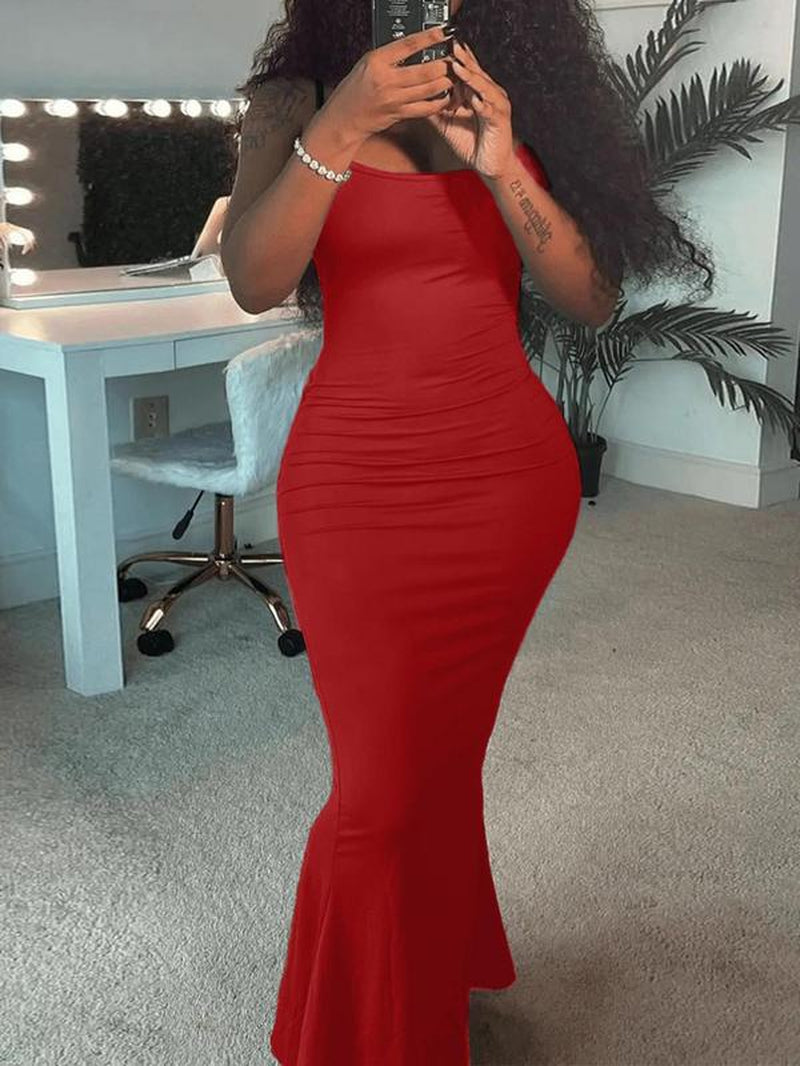 Women'S Mermaid Hem Maxi Cami Dress, Solid Sleeveless Spaghetti Strap Long Bodycon Dress for Summer Party Holiday, Ladies Clothes