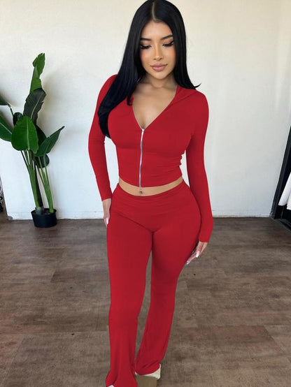 Women'S Solid Zip up Hooded Crop Tight Longsleeves Hoodie & High Waist Flare Leg Pants Set, Casual Long Sleeve Zippered Top & Bell Bottom Trousers, Ladies Spring & Fall Clothes, Fashion Womenswear