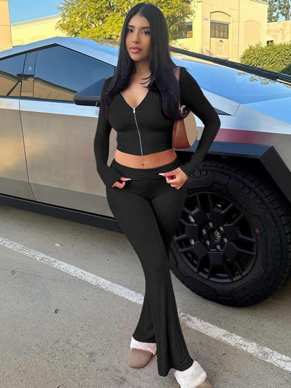 Women'S Solid Zip up Hooded Crop Tight Longsleeves Hoodie & High Waist Flare Leg Pants Set, Casual Long Sleeve Zippered Top & Bell Bottom Trousers, Ladies Spring & Fall Clothes, Fashion Womenswear