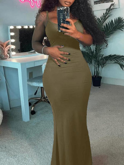 Women'S Mermaid Hem Maxi Cami Dress, Solid Sleeveless Spaghetti Strap Long Bodycon Dress for Summer Party Holiday, Ladies Clothes
