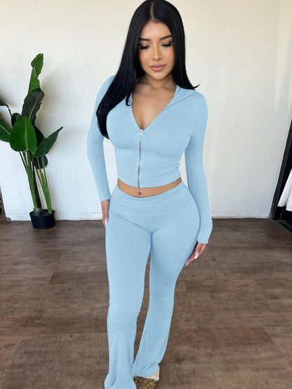 Women'S Solid Zip up Hooded Crop Tight Longsleeves Hoodie & High Waist Flare Leg Pants Set, Casual Long Sleeve Zippered Top & Bell Bottom Trousers, Ladies Spring & Fall Clothes, Fashion Womenswear