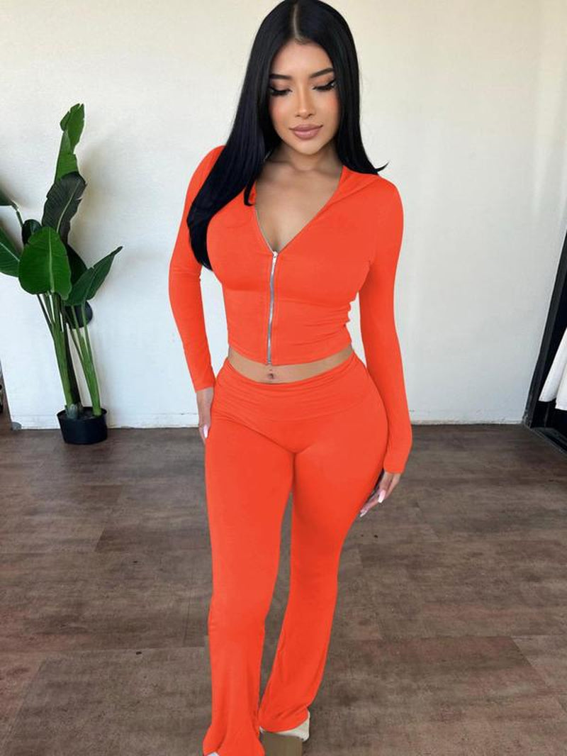 Women'S Solid Zip up Hooded Crop Tight Longsleeves Hoodie & High Waist Flare Leg Pants Set, Casual Long Sleeve Zippered Top & Bell Bottom Trousers, Ladies Spring & Fall Clothes, Fashion Womenswear